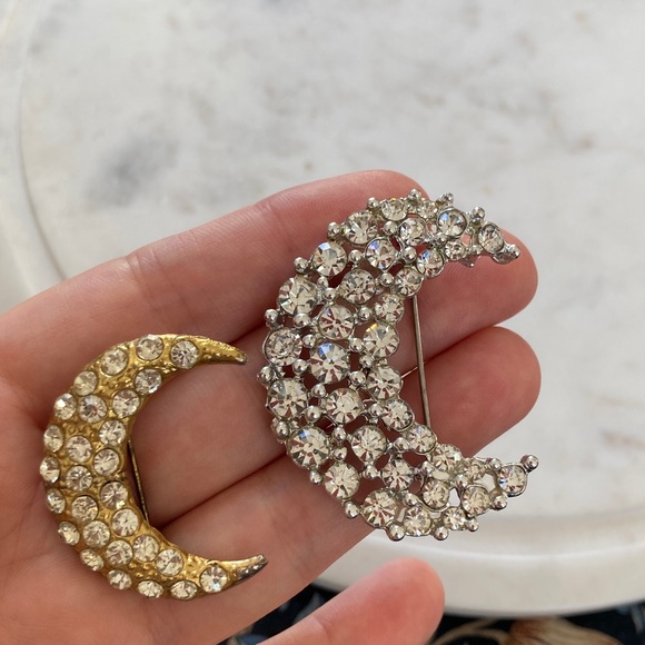 Vintage Crescent Moon Rhinestone Brooches - Picture 3 of 9